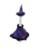 Load image into Gallery viewer, Purple witchy cape and hat for small porch/desk Goose