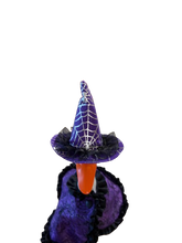 Load image into Gallery viewer, Purple witchy cape and hat for small porch/desk Goose