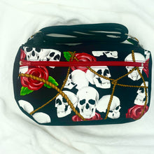 Load image into Gallery viewer, Skulls and roses Boho Bitty Bag with outside Zipper Pocket