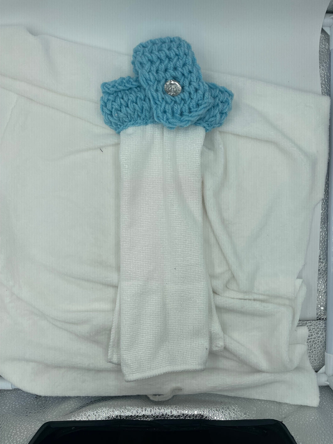 Blue and white hanging hand towel