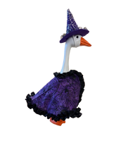 Load image into Gallery viewer, Purple witchy cape and hat for small porch/desk Goose