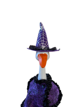 Load image into Gallery viewer, Purple witchy cape and hat for small porch/desk Goose