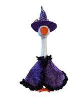 Load image into Gallery viewer, Purple witchy cape and hat for small porch/desk Goose